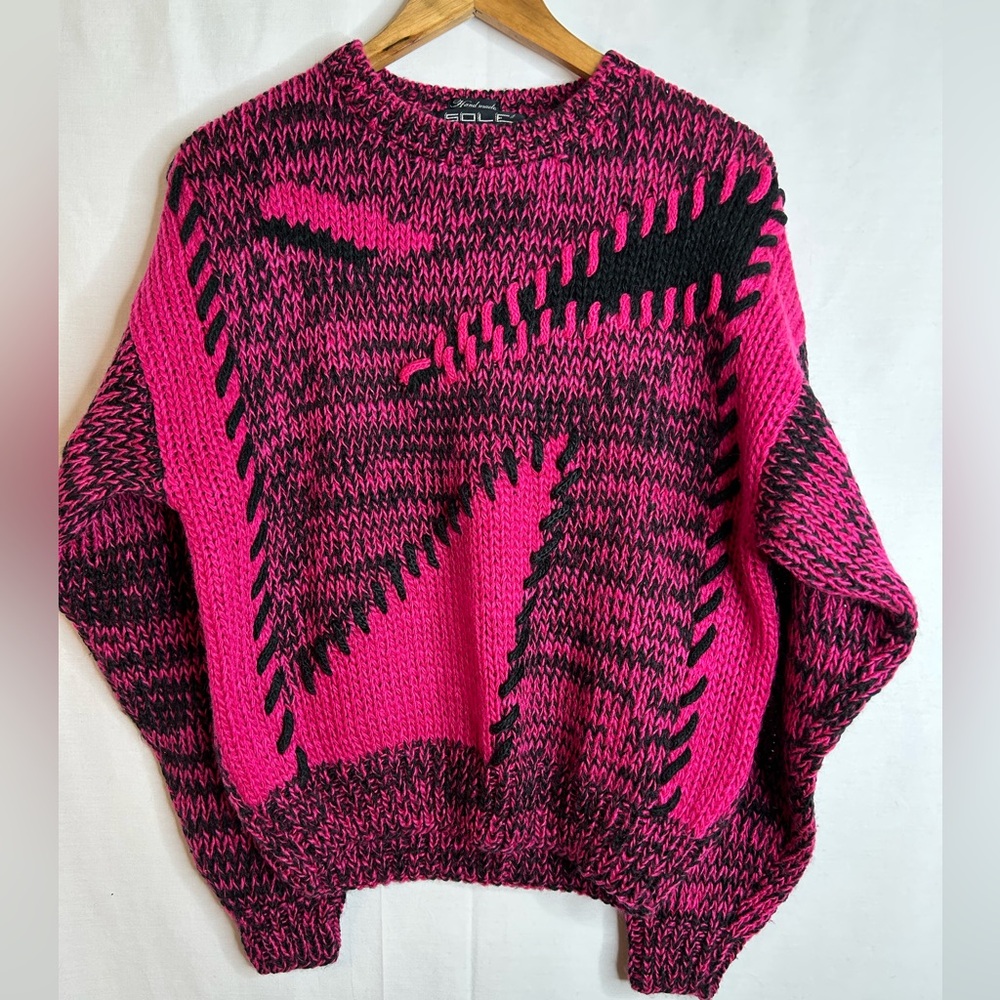 SOLE Vintage 80’s Bold Pink and Black Color  Block Handmade Sweater Size S